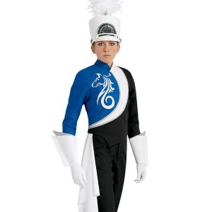 Custom black, white, and royal with silver detailing marching band uniform. Front view with white gloves, gauntlets, shako, and drop off right hip with black pants