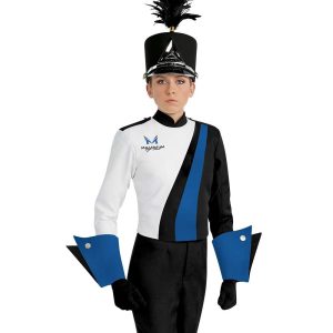 Custom white and black with royal detailing marching band uniform. Front view with black shako with silver accessories, black pants and gloves, and royal with black gauntlets