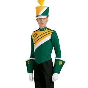 Custom kelly and yellow with white trim marching band uniform. Back view with matching shako, kelly and white gauntlets with yellow details, white gloves, and black pants