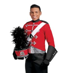 Custom red with black, white and silver sequin marching band uniform. Front view with matching shako, and black gauntlets, gloves, and pants