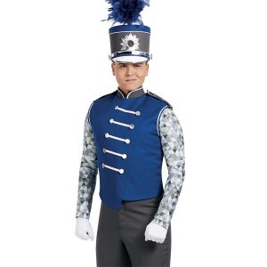 Custom yale blue sleeveless with grey and white trim with greys and white geometric undershirt. Front view with white gloves and grey pants, and matching shako