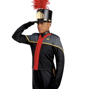 Custom black and grey with red and gold detailing marching band uniform. Front view with matching shako, black gloves, and black pants