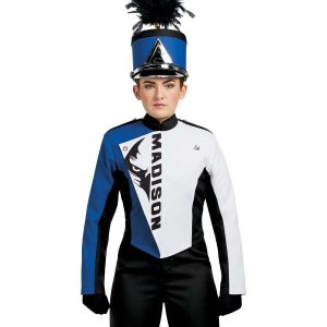 Custom royal and white with black detailing changeable front panel long sleeve marching band uniform. Front view with black gloves, matching shako, and black pants. Front panel showing mostly white option