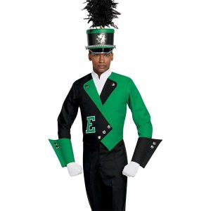 Custom kelly and black with white detailing long sleeve marching band uniform. Front view with black pants, matching shako, white gloves, and one kelly gauntlet and one black gauntlet