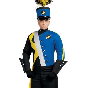 Custom blue, black, yellow, and silver long sleeve marching band uniform. Front view with matching shako, black gloves pants and gauntlets