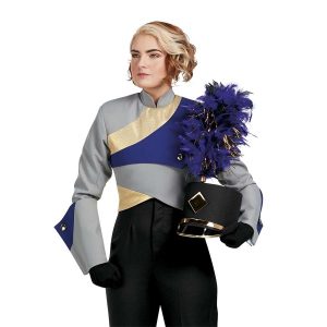 Custom grey, gold, and royal long sleeve marching band uniform. Front view with black with gold accessories and royal feather, matching gauntlets, and black gloves and pants