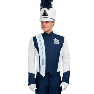 Custom navy and white with light blue detailing marching band uniform. Front view with white shako with silver accessories, white gloves, and navy pants