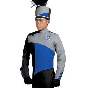 Custom royal, grey, and black long sleeve marching band uniform. Front view with matching shako, black gloves and pants, and one black with royal gauntlet and one grey with royal gauntlet