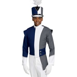 Custom navy, white, and grey with silver detailing marching band uniform. Front view with matching shako, white pants, and white gloves