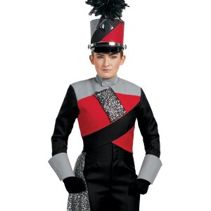 Custom grey, red, and black long sleeve marching band uniform. Front view with coordinating shako with silver accessories and black feather, black gloves and pants, and grey gauntlets