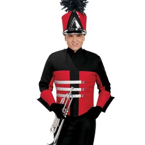 Custom black and red with white stripes marching band uniform. Front view with matching shako and gauntlets, black gloves and pants holding instrument