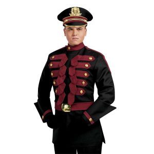 Custom black and maroon marching band uniform. Front view with matching parade cap and gauntlets, and black gloves and pants