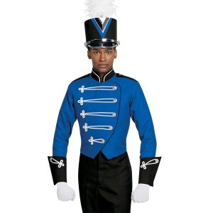 Custom royal with black and white trim marching band uniform. Front view with matching shako, black gauntlets with white details, white gloves, and black pants