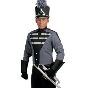 Custom grey and black marching band uniform. Front view with black shako with silver accessories, and black gauntlets, pants, and gloves holding instrument