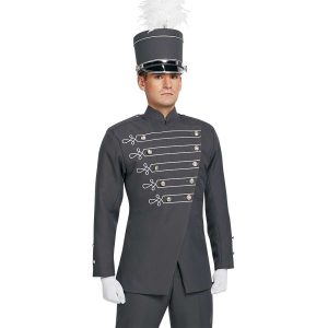 Custom grey with white detailing marching band uniform. Front view with matching shako, grey pants, and white gloves