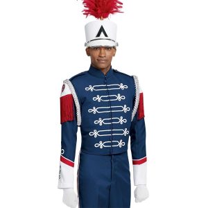 Custom yale blue with white and red detailing long sleeve marching band uniform. Front view with white shako with red feather, white gloves, and yale blue pants