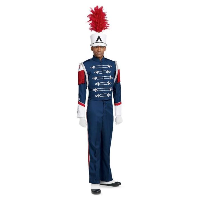 Custom yale blue with white and red detailing long sleeve marching band uniform. Front view with white shako with red feather, white gloves, and yale blue pants