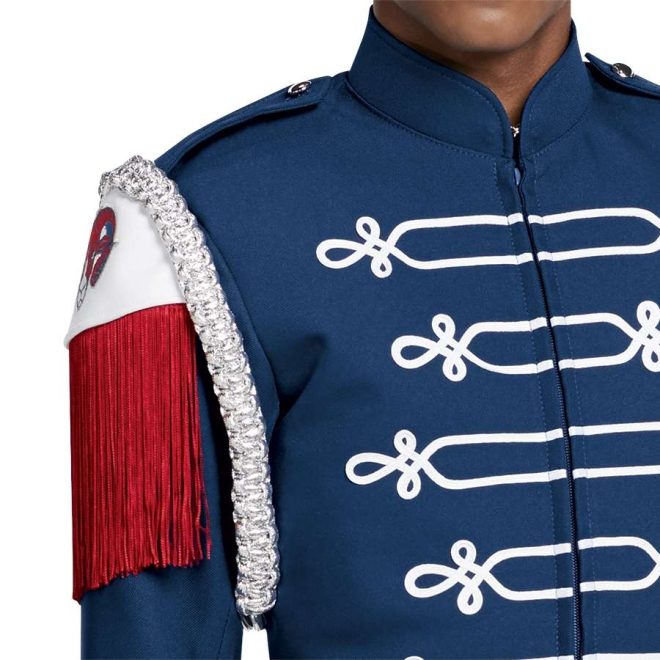 Custom yale blue with white and red detailing long sleeve marching band uniform. Front view on model