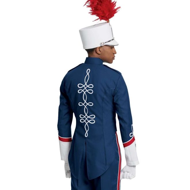 Custom yale blue with white and red detailing long sleeve marching band uniform. Back view with white shako with red feather, white gloves, and yale blue pants