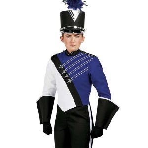 Custom purple, black and white marching band uniform. Front view with black shako with silver accessories, black with white trim gauntlets, and black gloves and pants