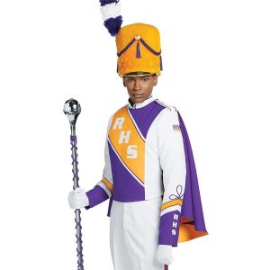 Custom white with yellow and purple detailing long sleeve marching band uniform. Front view with matching busby hat, white gloves, white shoes, and white pants. Shown with custom purple cape and holding amazing mace