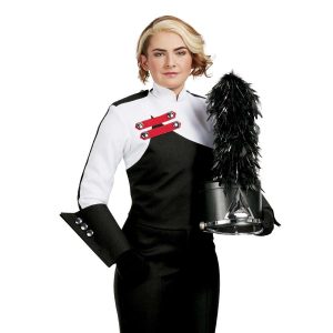 Custom black and white with red detailing marching band uniform. Front view with black gauntlets, gloves, pants and shako