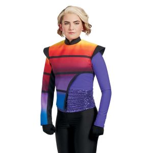 Custom rainbow and black long sleeve marching band uniform. Front view with black gloves and pants and purple undershirt.