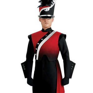 Custom red and black with silver detailing marching band uniform. Front view with matching shako, black pants, gloves, and gauntlets and red drop off left hip