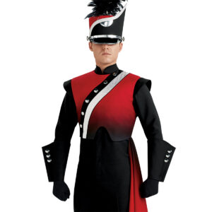 Custom red and black with silver detailing marching band uniform. Front view with matching shako, black pants, gloves, and gauntlets and red drop off left hip