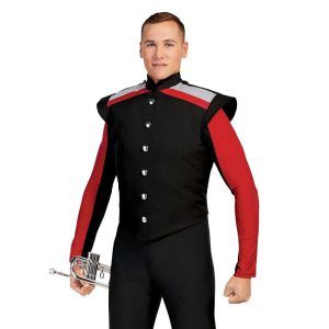 Custom black with red and grey long sleeve marching band uniform. Front view with black pants holding instrument