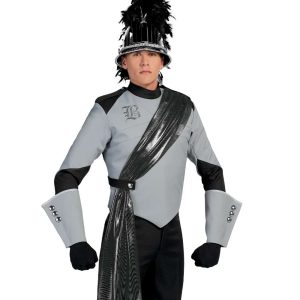 Custom grey with black detailing and black metallic sash marching band uniform. Front view with grey gauntlets, black pants and gloves, and black helmet