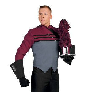 Custom maroon and grey with black detailing marching band uniform. Front view with matching shako, and black gloves, pants, and gauntlets