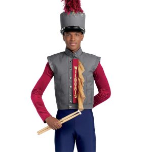 Custom grey marching band uniform with wing sleeves. Red long sleeve undershirt with navy pants wearing grey shako with red feather. front veiw with red panel and gold ruffle down front holding drumsticks