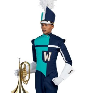 Custom turquoise and navy with white and gold detailing marching band uniform. Front view with matching shako, white gloves and gauntlets, navy pants holding instrument