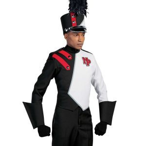 Custom black and white with red and silver detailing matching band uniform. Front view with matching shako, black pants, gloves, and gauntlets