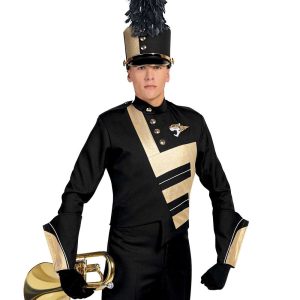 Custom black with gold sparkle detailing marching band uniform. Front view with matching shako and gauntlets, black gloves and pants holding instrument