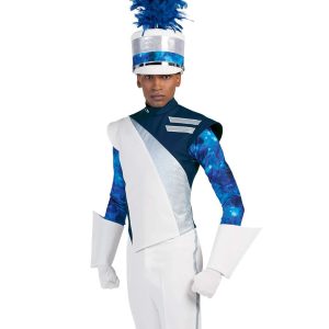 Custom navy, silver, and white marching band uniform sleeveless. Front view with blue galaxy undershirt, matching shako, and white gauntlets, gloves, and pants