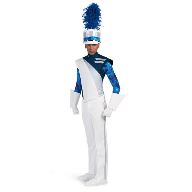Custom navy, silver, and white marching band uniform sleeveless. Front view with blue galaxy undershirt, matching shako, and white gauntlets, gloves, and pants