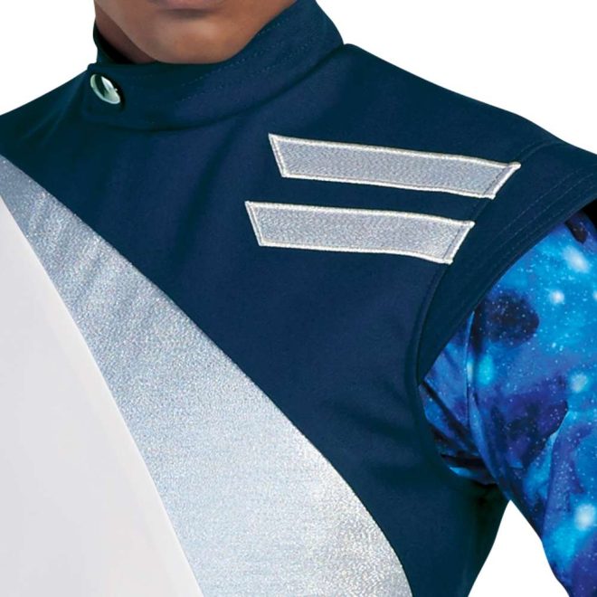 Custom navy, silver, and white marching band uniform sleeveless. Front view close up with blue galaxy undershirt