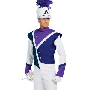 Custom navy, purple, and white marching band uniform. Front view with white pants, gloves, and shako with purple feather. Holding instrument