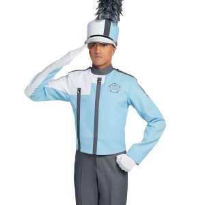 Custom light blue and white with grey detailing marching band uniform, Front view with matching shako, white gloves, and grey pants