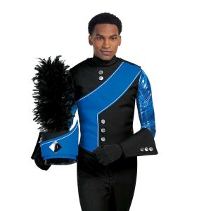 Custom royal and black with royal holographic undershirt marching band uniform. Side view with matching shako and black gauntlets, gloves, and pants holding instrument