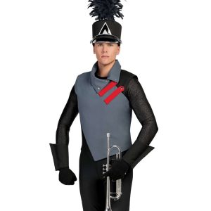 Custom black and grey sleeveless marching band uniform. Front view with black gauntlets, gloves and pants and sparkly black sleeves and black shako with silver accessories. Holding instrument