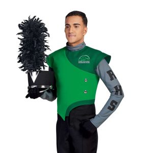 Custom greens, grey and black long sleeve custom marching band uniform. Front view with black gloves and pants holding black with silver accessories shako