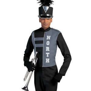 Custom grey and black marching band uniform. Front view with black shako, pants, and gloves holding instrument