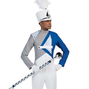 Custom grey with royal left arm and silver sequin detailing marching band uniform. Front view with white shako with silver accessories, gloves, and pants holding amazing mace