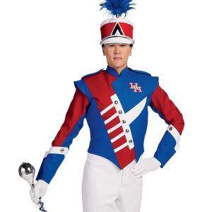 Custom royal and red with white detailing long sleeve marching band uniform. Front view with matching shako, white gloves, royal and white gauntlets, and white pants holding amazing mace