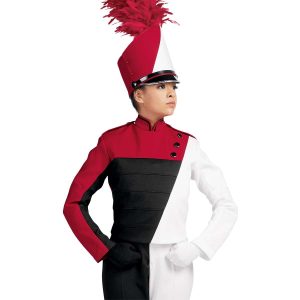 Custom red, white and black marching band uniform. Front view with matching shako, one black glove, one white glove, and pants with one white leg and one black leg