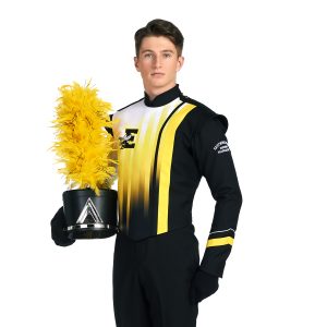 model wearing custom marching band jacket 209225 holding a shako