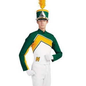 Custom white, yellow, and green marching band uniform. Front view with matching shako, and white pants and gloves